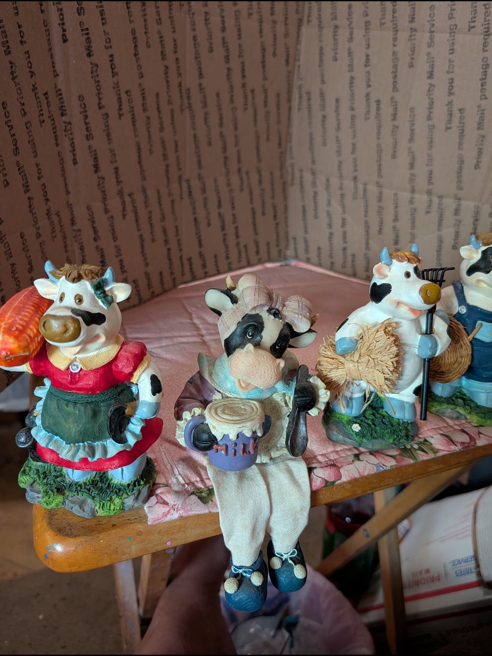 Whimsical Cow Farmer Figurines - 4 Cows 1 Pig Multicolor